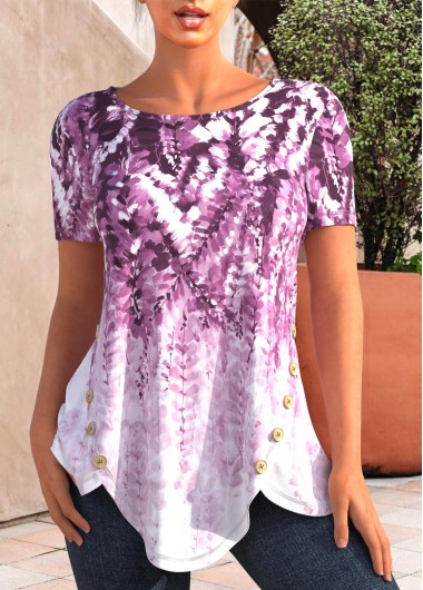 Light Purple tops,Tie Dye tops,ROTITA Light Purple Floral Print Decorative Button T Shirt
