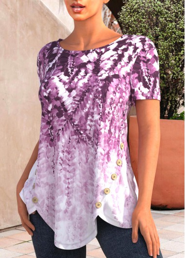 Light Purple tops,Tie Dye tops,ROTITA Light Purple Floral Print Decorative Button T Shirt