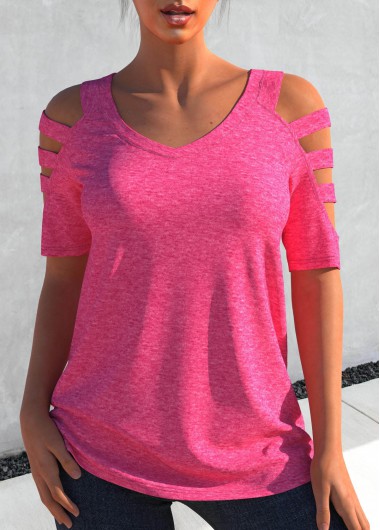 Hot Pink tops,Plain Color tops,ROTITA Hot Pink Ladder Cutout Short Sleeve T Shirt