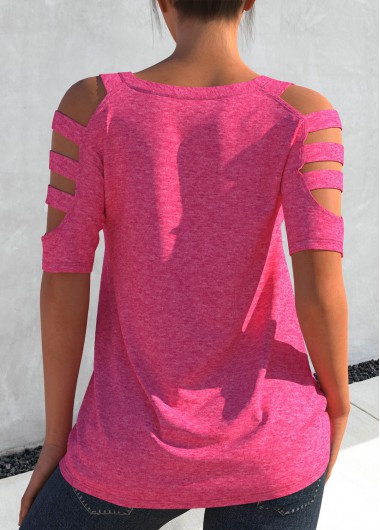 Hot Pink tops,Plain Color tops,ROTITA Hot Pink Ladder Cutout Short Sleeve T Shirt