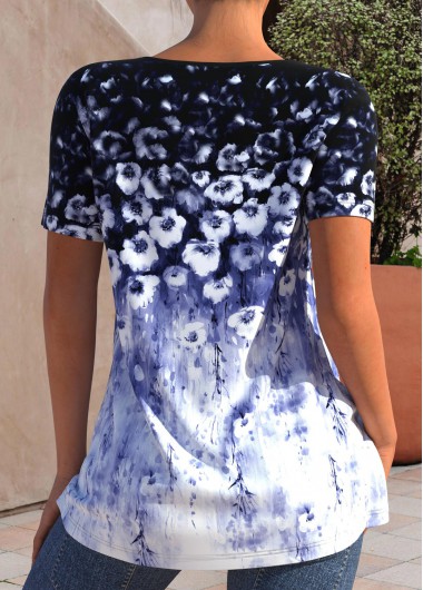Purplish Blue tops,Floral tops,ROTITA Ring Detail Purplish Blue Floral Print T Shirt