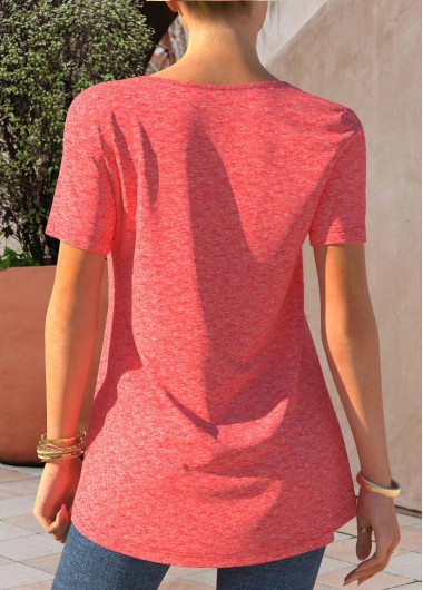 Pink tops,Plain Color tops,ROTITA Pink Button Detail Short Sleeve T Shirt