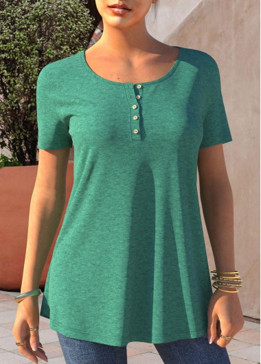 Turquoise tops,Plain Color tops,ROTITA Turquoise Button Detail Short Sleeve T Shirt