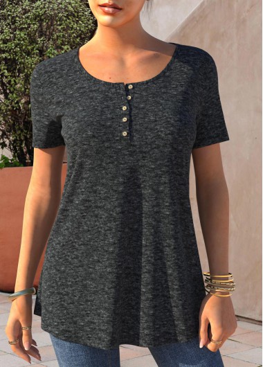 Dark Grey tops,Plain Color tops,ROTITA Dark Grey Button Detail Short Sleeve T Shirt