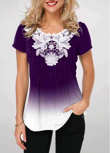 Purple tops,Ombre tops,ROTITA Lace Stitching Ombre Purple Crinkle Chest T Shirt