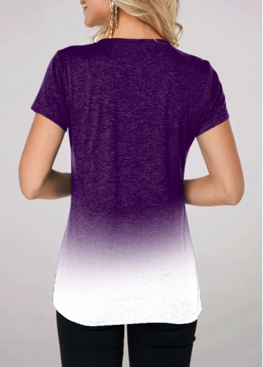 Purple tops,Ombre tops,ROTITA Lace Stitching Ombre Purple Crinkle Chest T Shirt