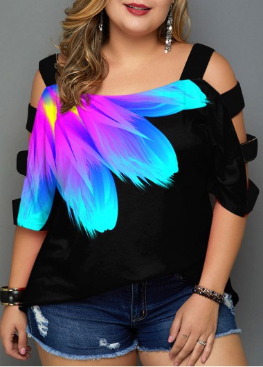 Multi Color plus size,Floral plus size,ROTITA Plus Size Colorful Floral Print Ladder Cutout T Shirt
