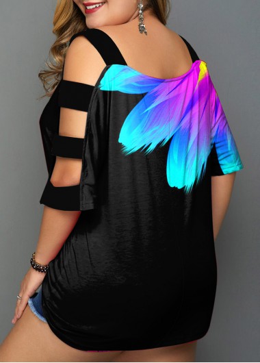 Multi Color plus size,Floral plus size,ROTITA Plus Size Colorful Floral Print Ladder Cutout T Shirt