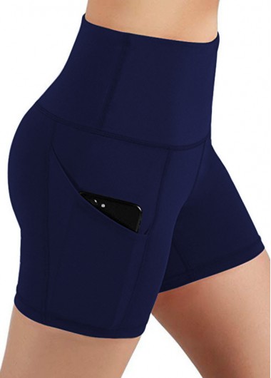 Navy swimwear,Plain Color swimwear,ROTITA Pocket Detail High Waisted Navy Blue Swim Short
