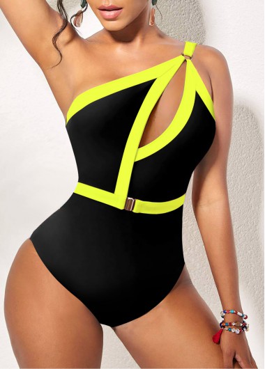 Yellow swimwear,Contrast Color swimwear,ROTITA Contrast Stitch Asymmetric Design Cutout Yellow One Piece Swimwear