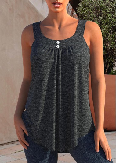 Dark Grey tops,Plain Color tops,ROTITA Decorative Button Dark Grey Wide Strap Tank Top