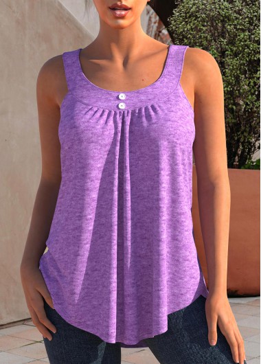 Light Purple tops,Plain Color tops,ROTITA Wide Strap Light Purple Decorative Button Tank Top
