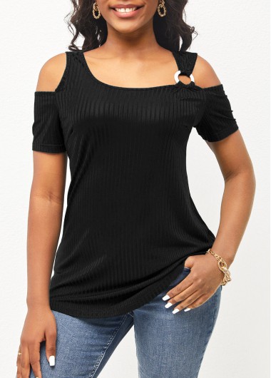 Black tops,Plain Color tops,ROTITA Cold Shoulder Black Ring Detail T Shirt