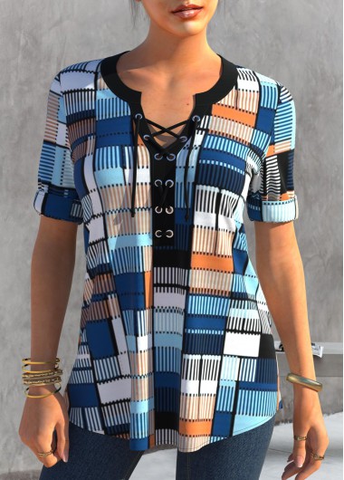 Multi Color tops,Plaid tops,ROTITA Geometric Print Lace Up Split Neck Color Block Blouse