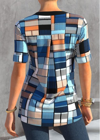 Multi Color tops,Plaid tops,ROTITA Geometric Print Lace Up Split Neck Color Block Blouse