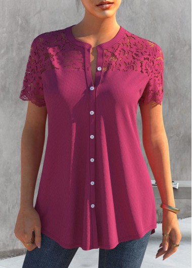 Hot Pink tops,Plain Color tops,ROTITA Lace Patchwork Rose Red Short Sleeve Blouse