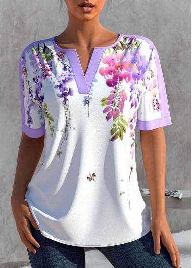 White tops,Floral tops,ROTITA Floral Print White Split Neck Blouse