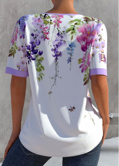 White tops,Floral tops,ROTITA Floral Print White Split Neck Blouse