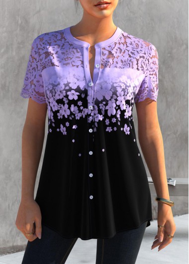 Light Purple tops,Floral tops,ROTITA Floral Print Light Purple Lace Patchwork Blouse