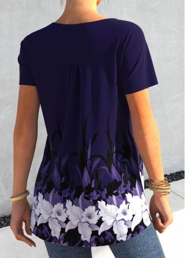 Purplish Blue tops,Floral tops,ROTITA Floral Print Purplish Blue Short Sleeve T Shirt