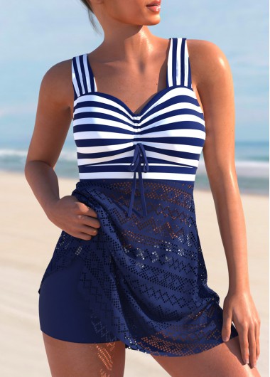 Navy swimwear,Striped swimwear,ROTITA Navy Blue Nautical Striped Lace Patchwork Swimdress and Shorts