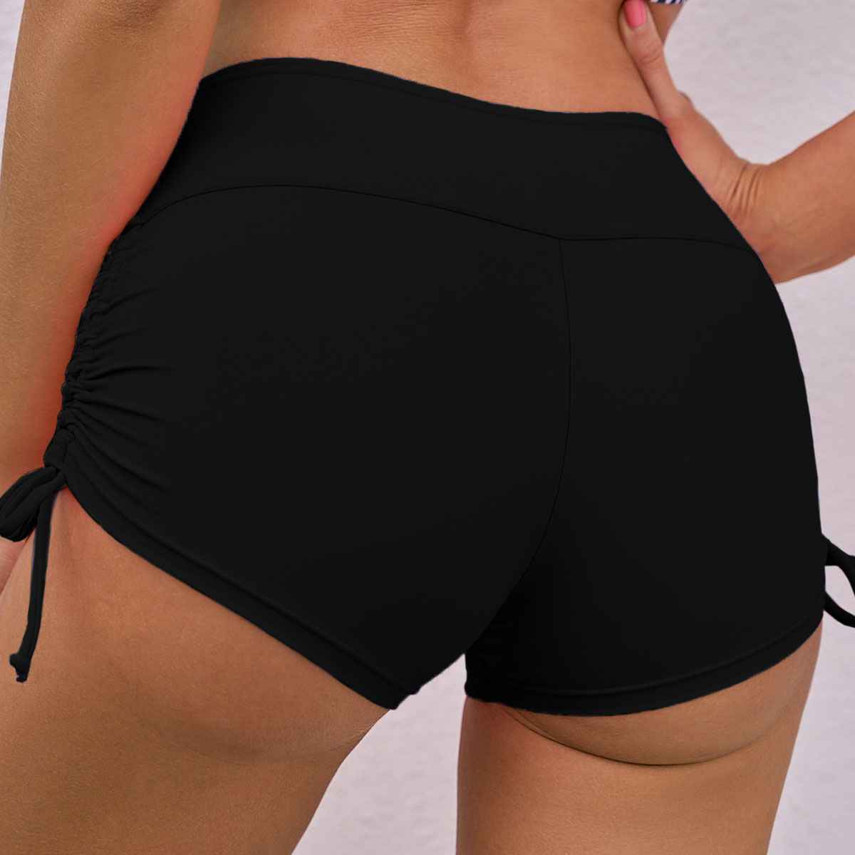 Black swimwear,Plain Color swimwear,Drawstring Detail Mid Waist Solid Swimwear Shorts
