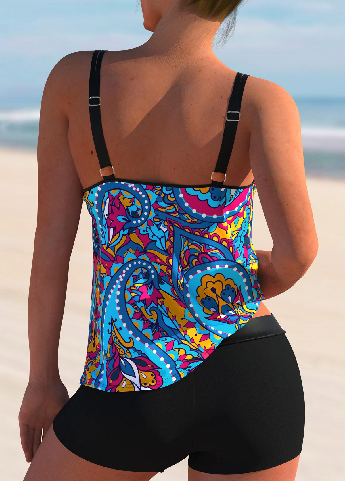 Blue swimwear,Paisley swimwear,ROTITA Spaghetti Strap Paisley Print Tankini Set