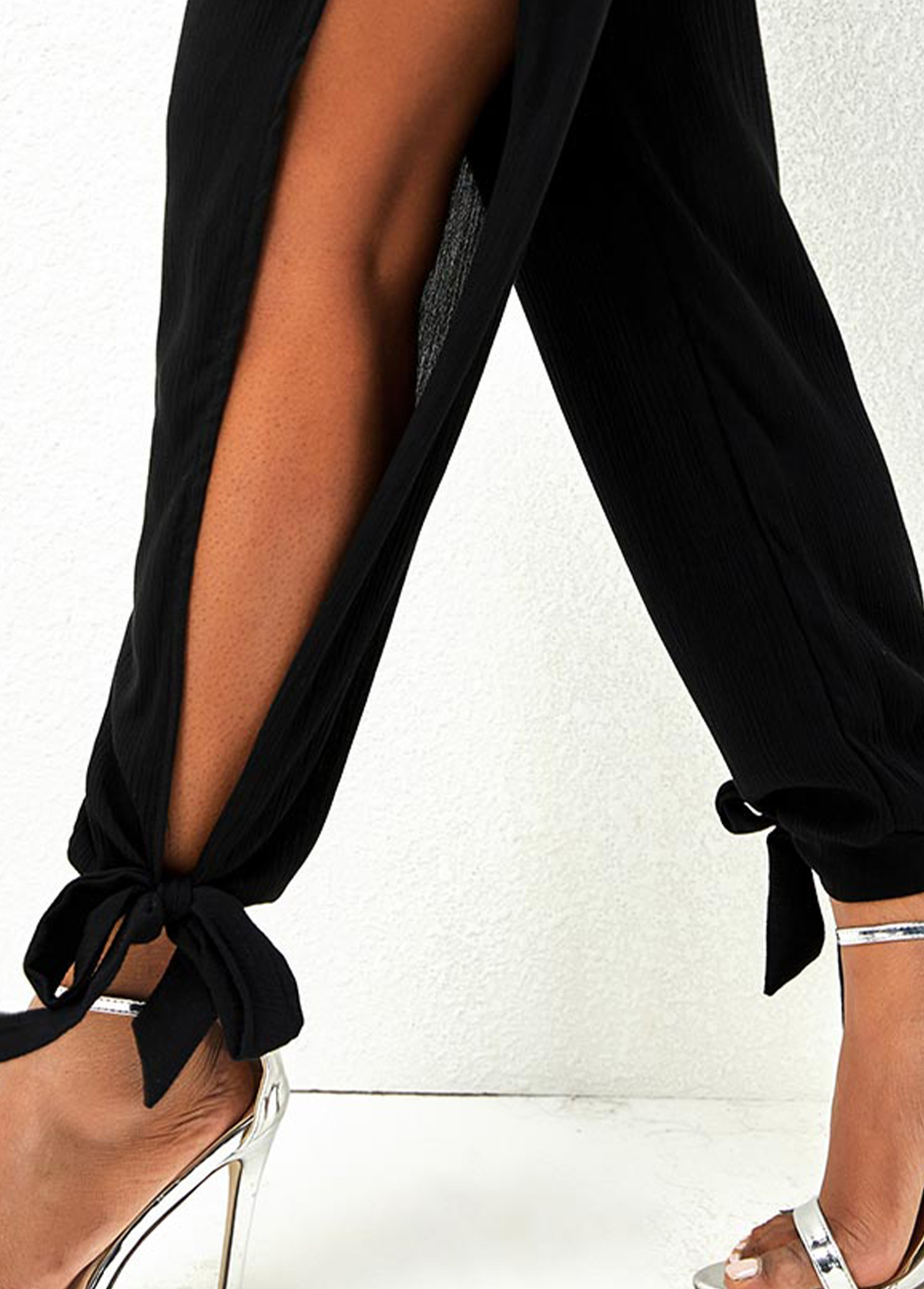 Black bottoms,Plain Color bottoms,Side Slit Black Drawstring Waist Pants
