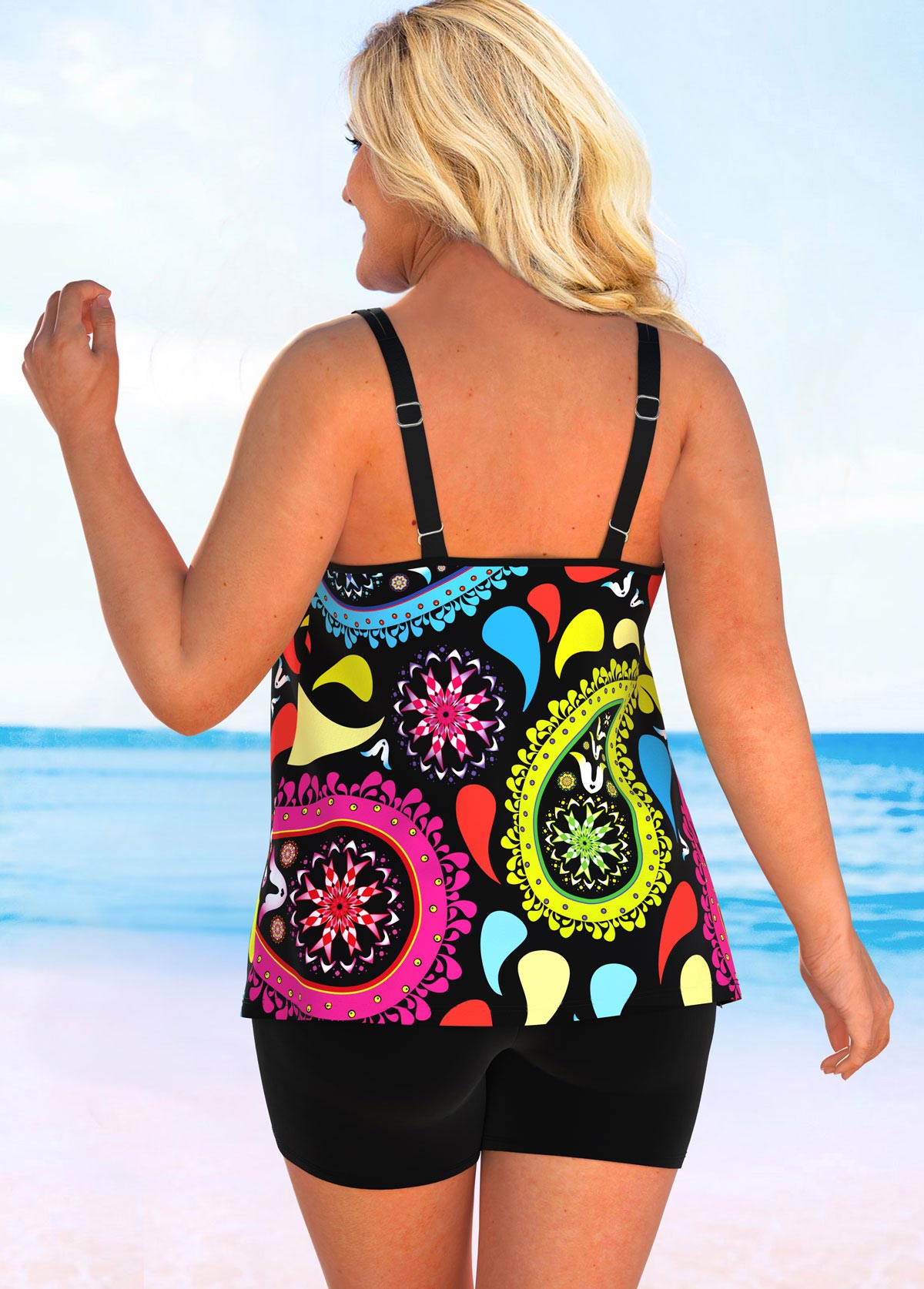 Multi Color plus size,Paisley plus size,ROTITA Paisley Print Plus Size Double Straps Tankini Set 