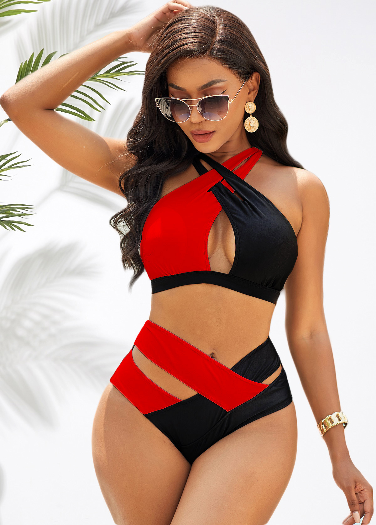 Rotita-Bikini-Set mit überkreuzten Trägern und hoher Taille in Kontrastfarbe