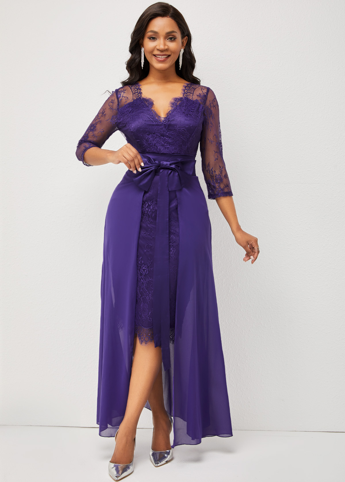 Purple dresses,Plain Color dresses,ROTITA Purple 3/4 Sleeve Multiway Lace Patchwork Dress