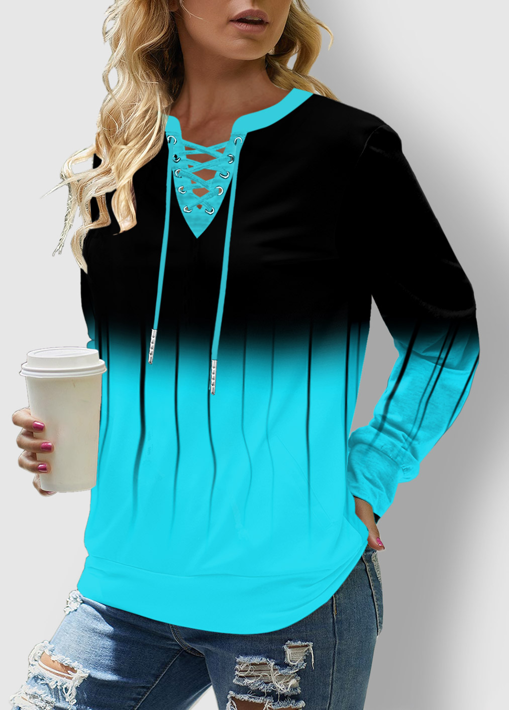 ROTITA Lace Up Long Sleeve Ombre Sweatshirt