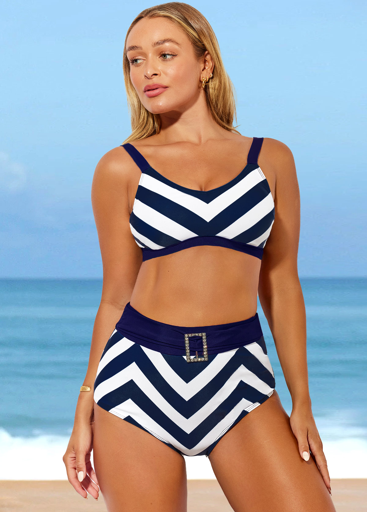 Multi Color swimwear,Striped swimwear,ROTITA Striped High Waisted Color Block Bikini Set