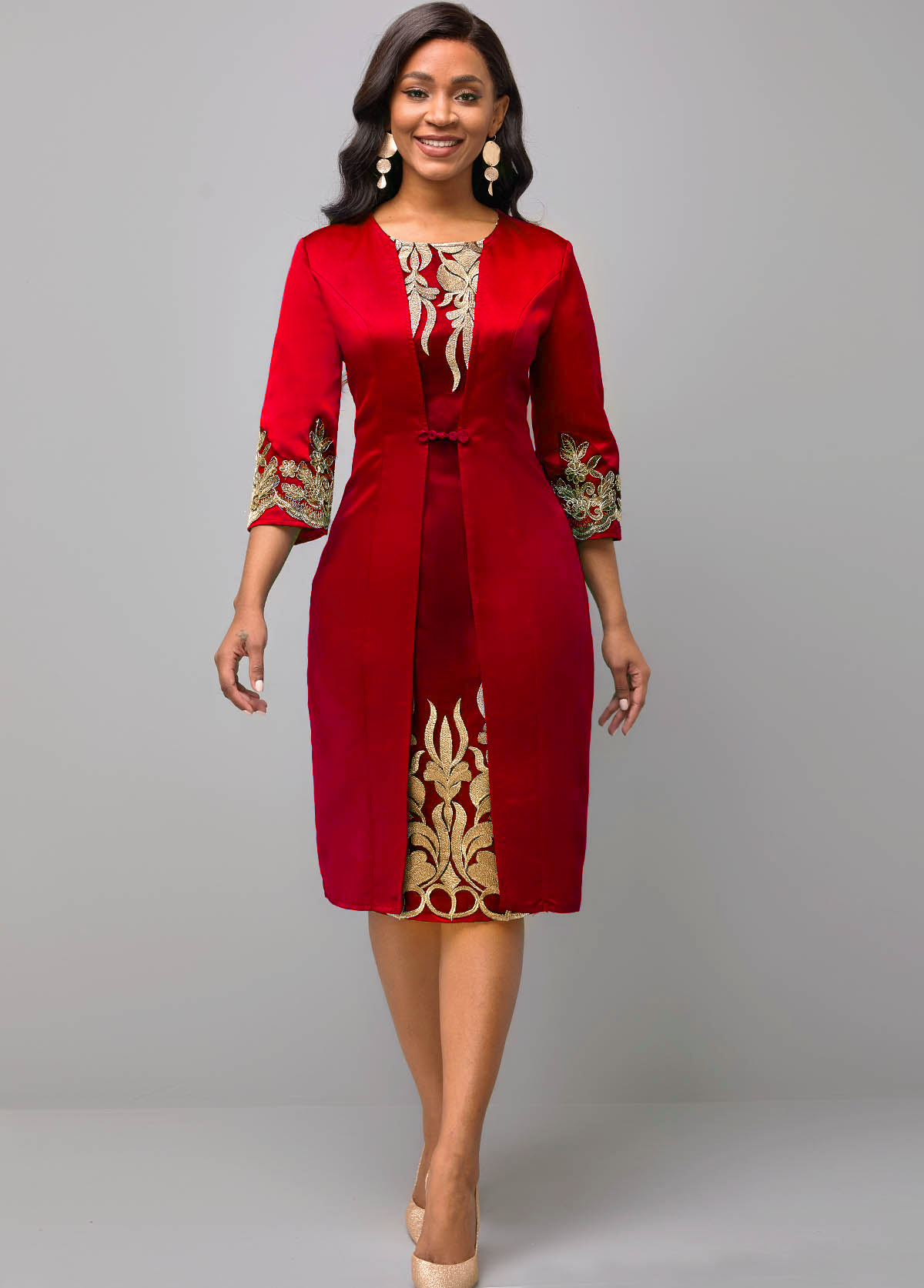 ROTITA Round Neck Red 3/4 Sleeve Embroidered Dress