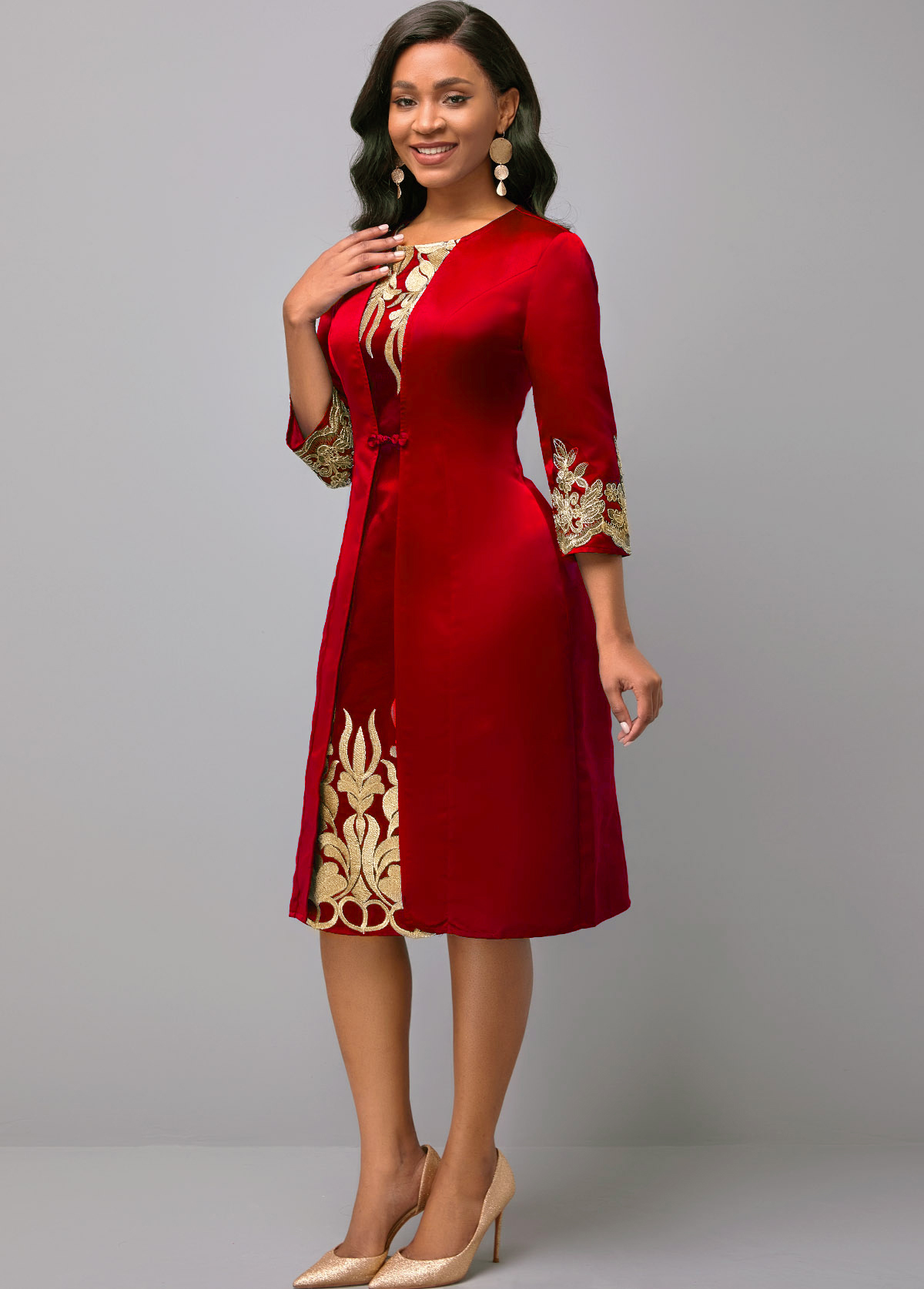 Red dresses,Floral dresses,ROTITA Round Neck Red 3/4 Sleeve Embroidered Dress