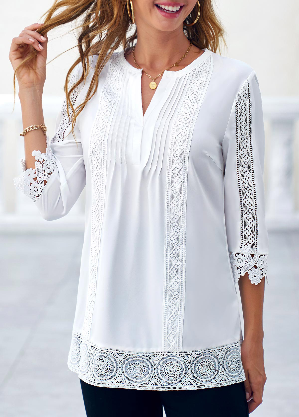 White tops,Plain Color tops,ROTITA Crinkle Chest Lace Trim Split Neck White Blouse