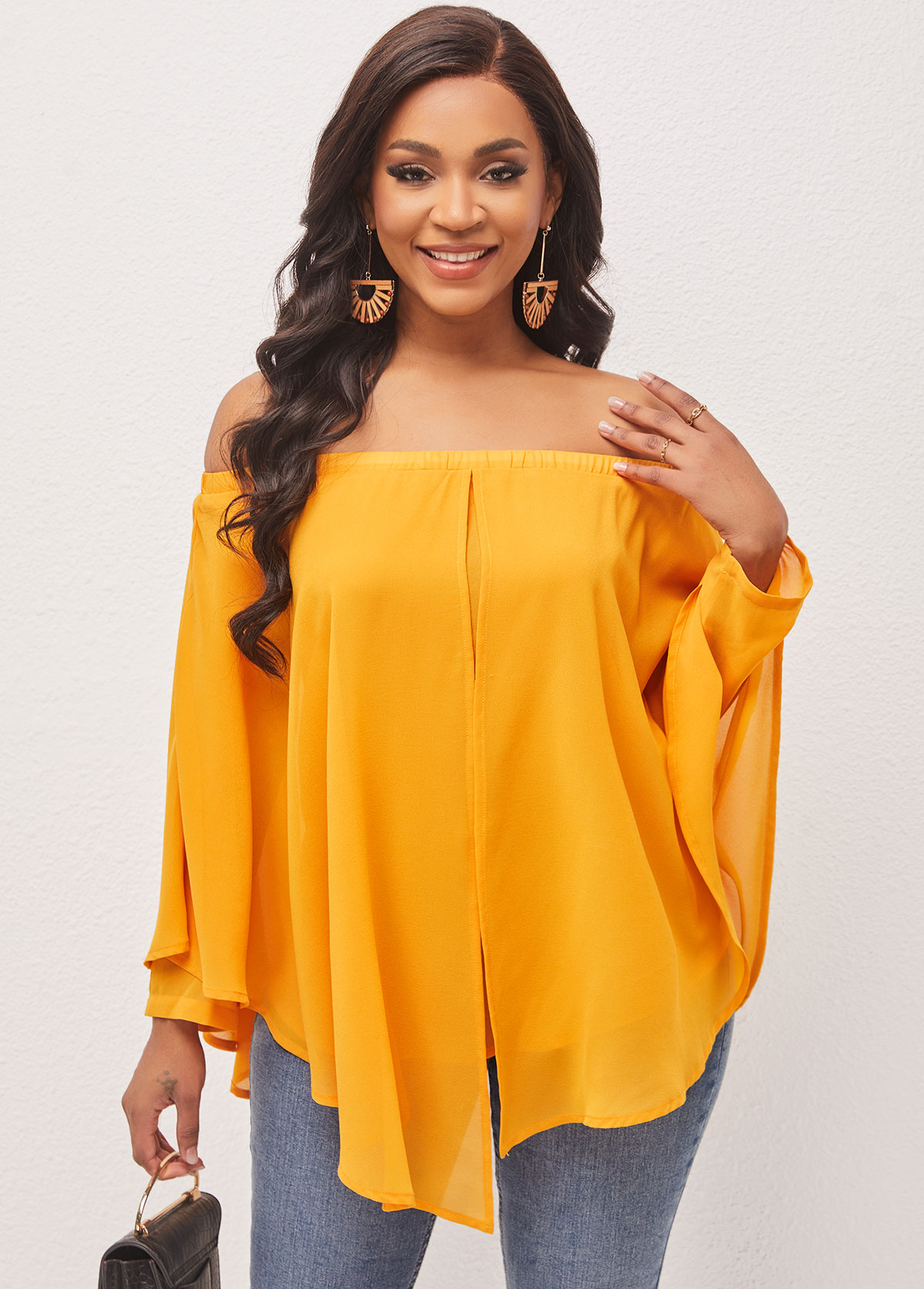 Ginger tops,Plain Color tops,ROTITA Off Shoulder Asymmetric Hem Layered Ginger Blouse