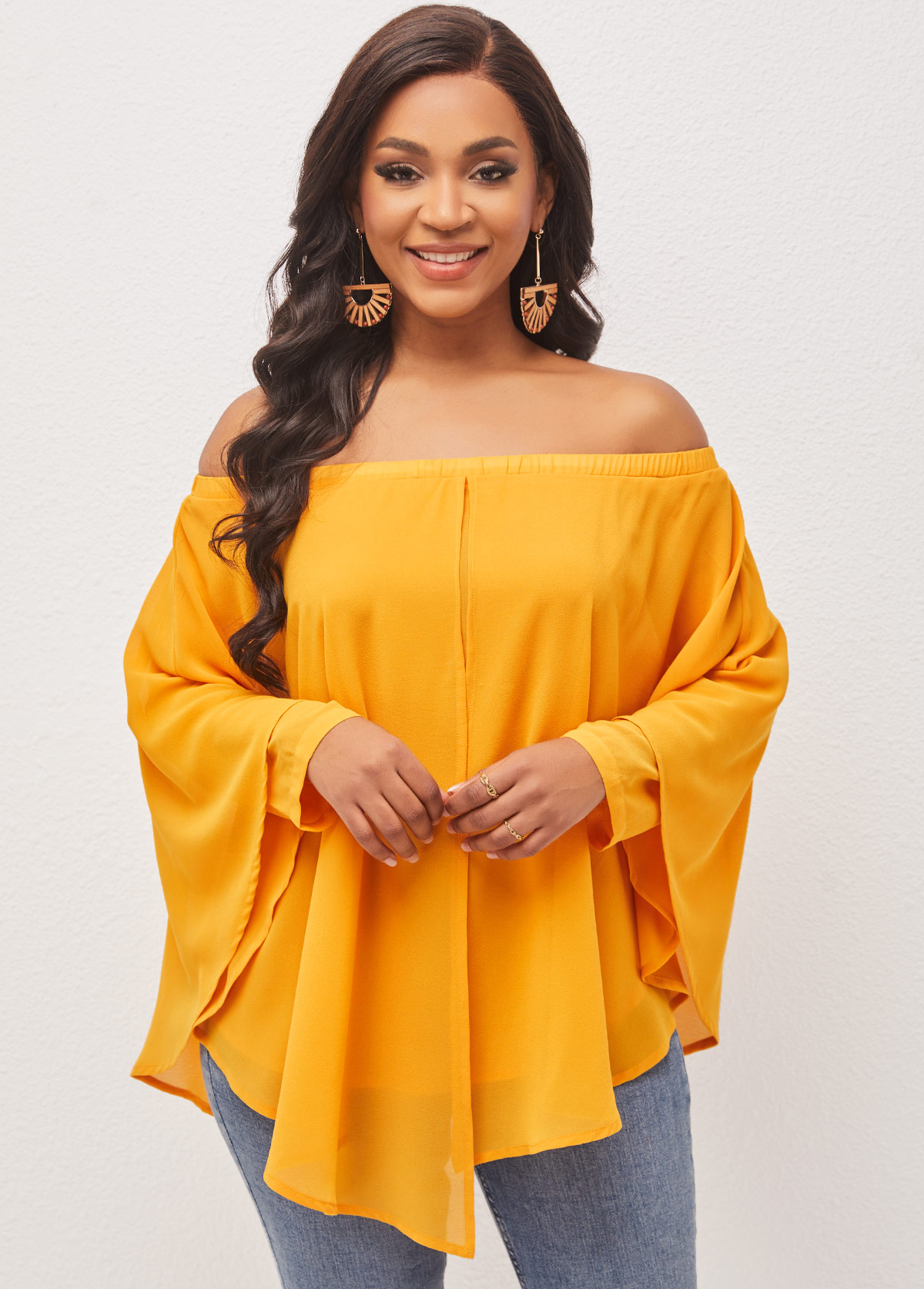Ginger tops,Plain Color tops,ROTITA Off Shoulder Asymmetric Hem Layered Ginger Blouse