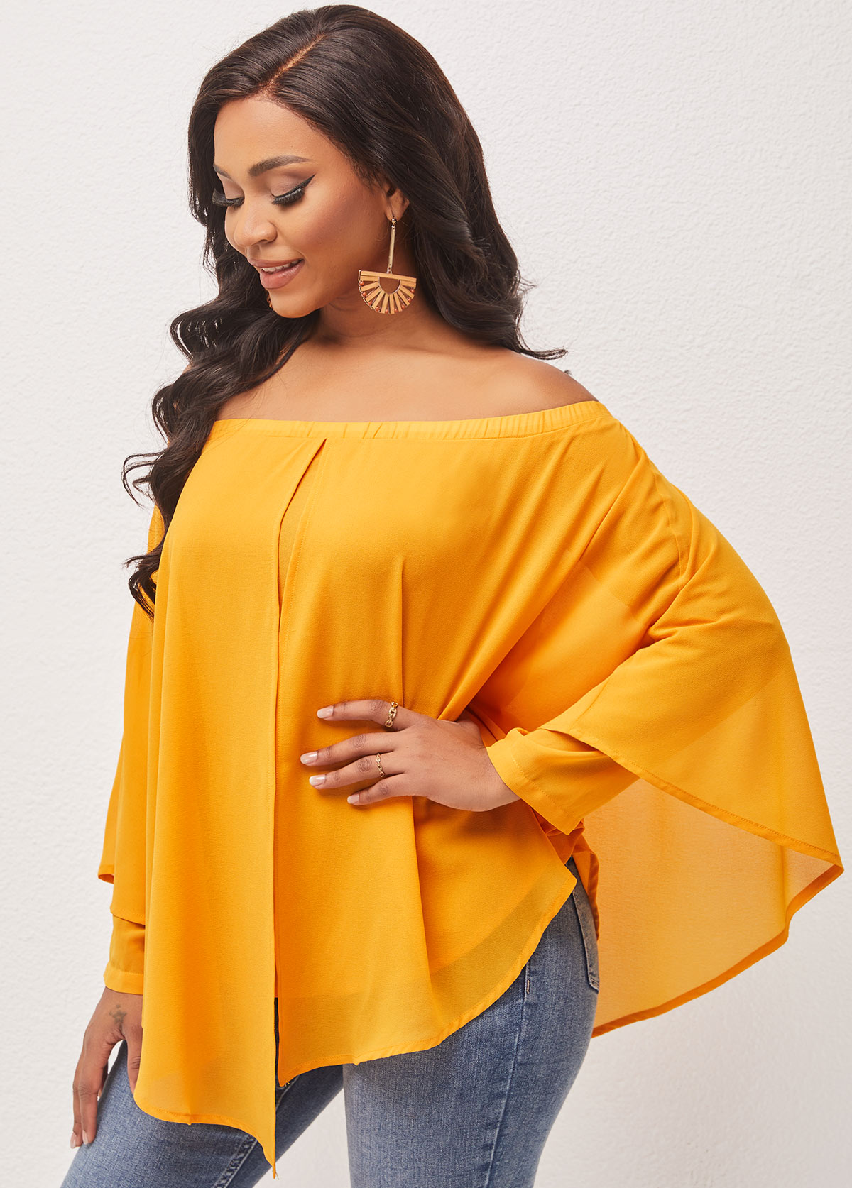 Ginger tops,Plain Color tops,ROTITA Off Shoulder Asymmetric Hem Layered Ginger Blouse