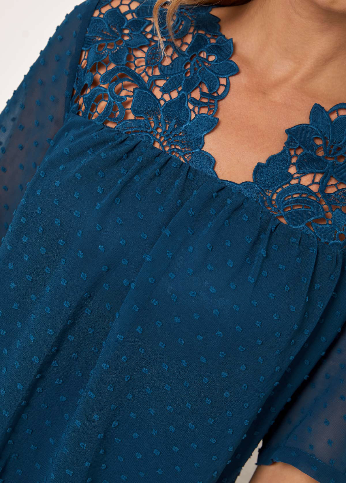 Peacock Blue tops,Plain Color tops,ROTITA Navy Blue Lace Stitching Split Neck Blouse