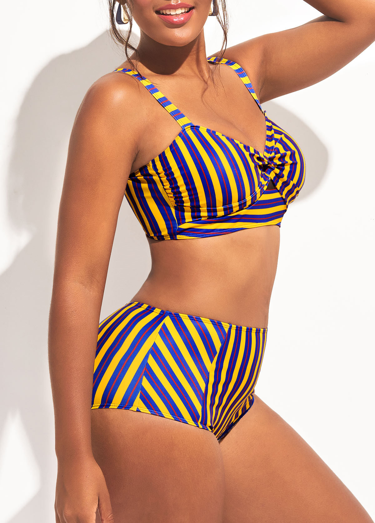 Multi Color swimwear,Striped swimwear,ROTITA High Waist Striped Cross Front Cutout Bikini Set