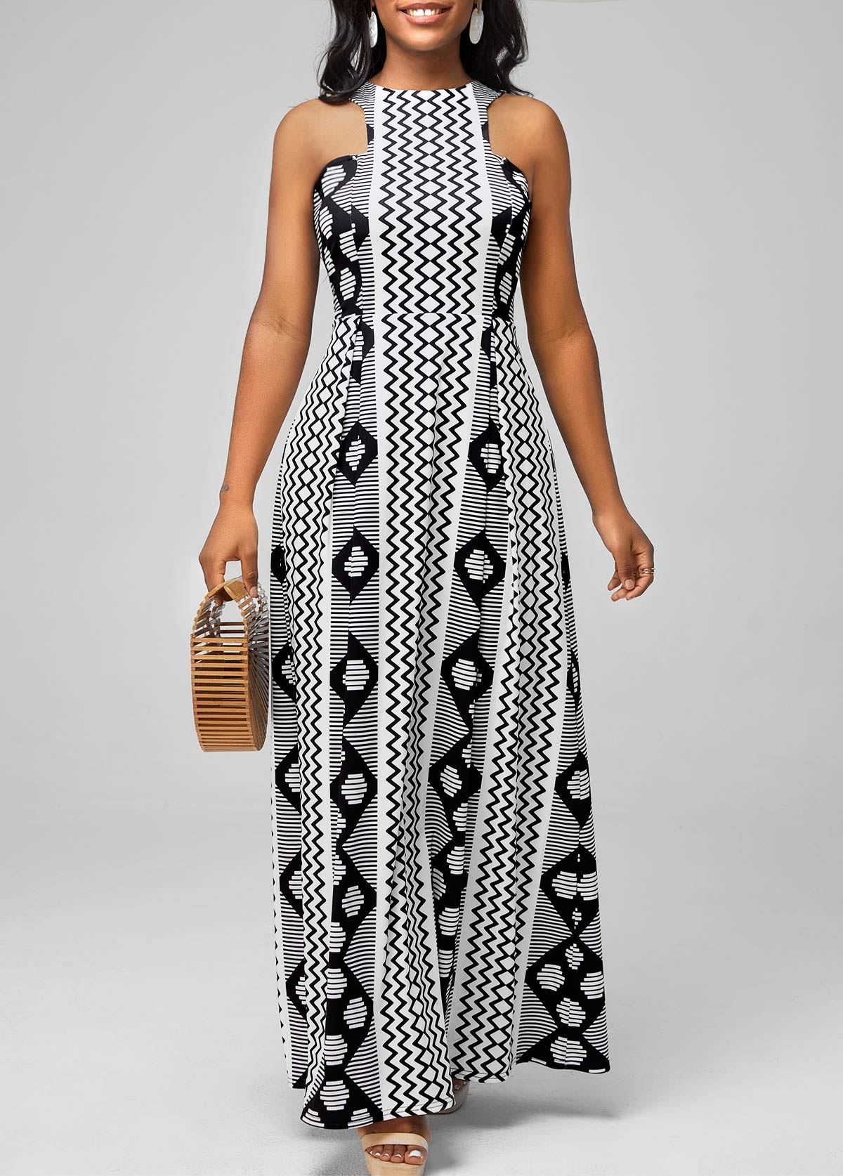 ROTITA Black Bib Neck Geometric Print Dress