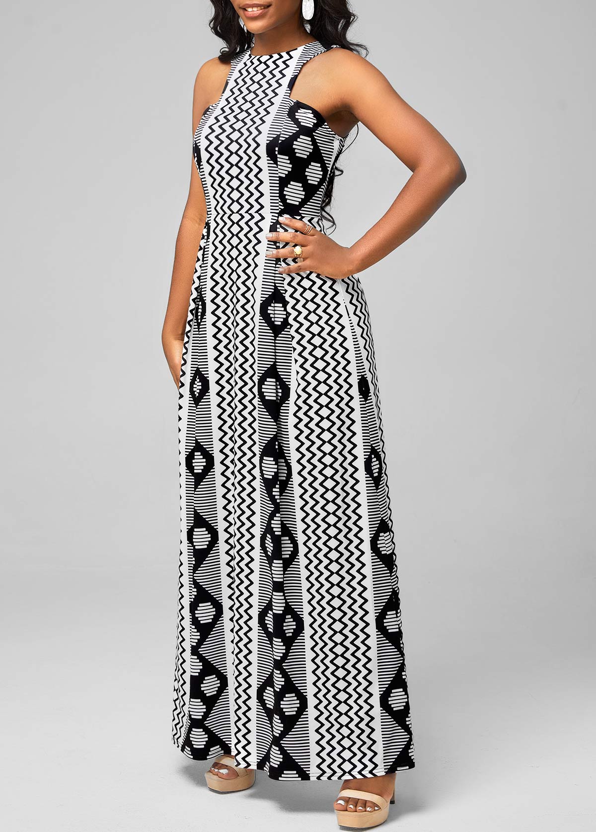 Black dresses,Geometric dresses,ROTITA Black Bib Neck Geometric Print Dress