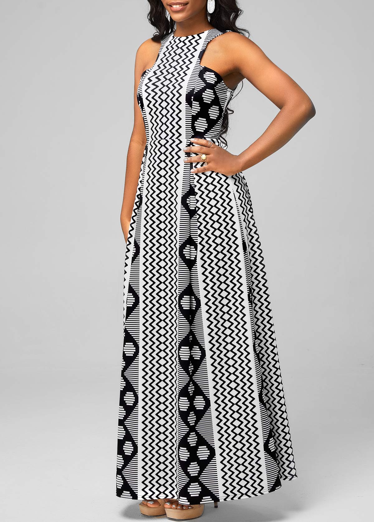 Black dresses,Geometric dresses,ROTITA Black Bib Neck Geometric Print Dress
