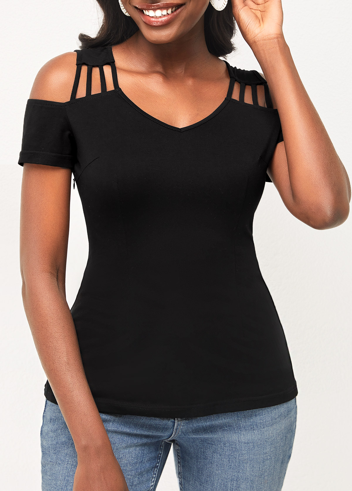 Black tops,Plain Color tops,ROTITA Cold Shoulder Black Short Sleeve T Shirt