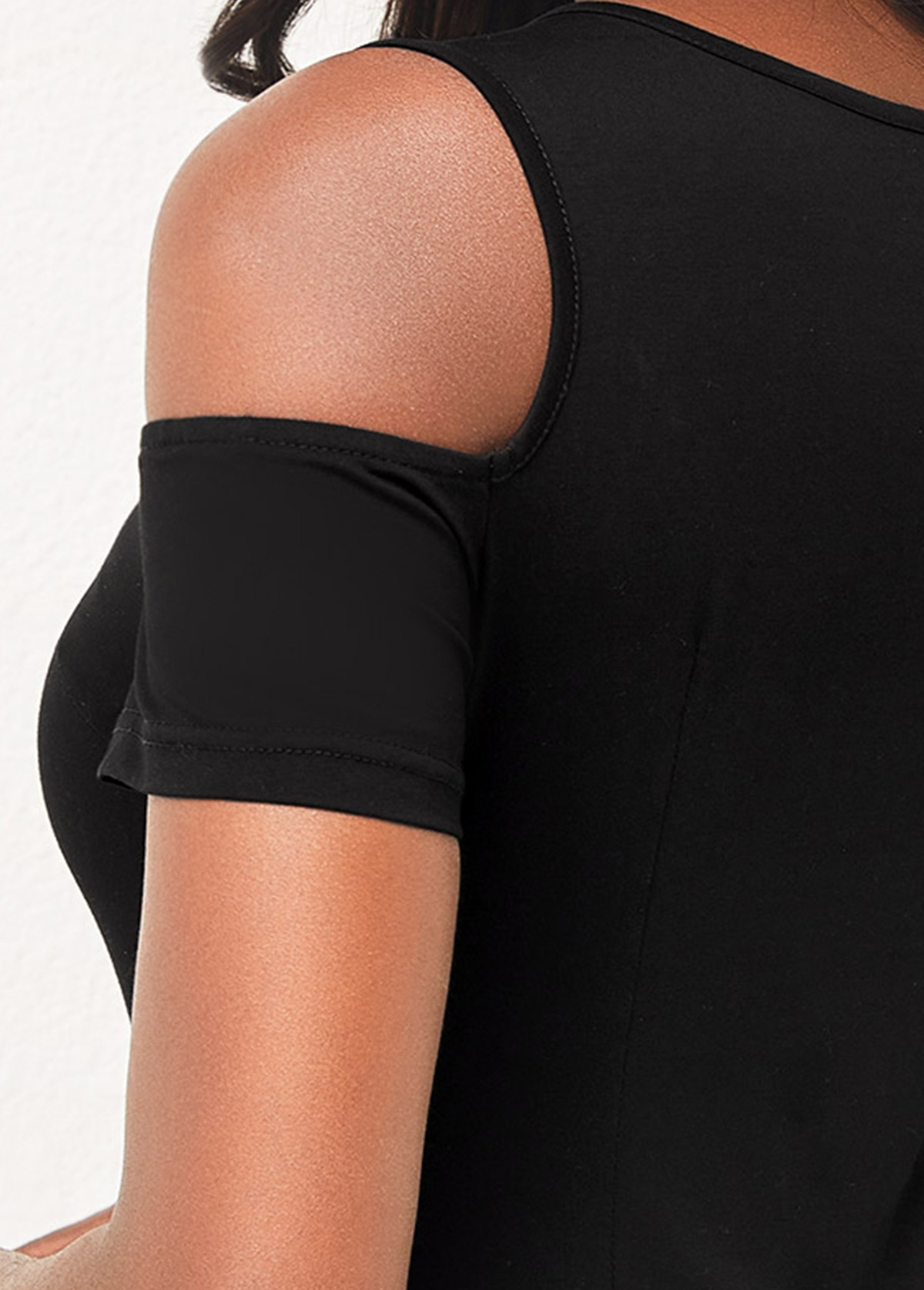 Black tops,Plain Color tops,ROTITA Cold Shoulder Black Short Sleeve T Shirt
