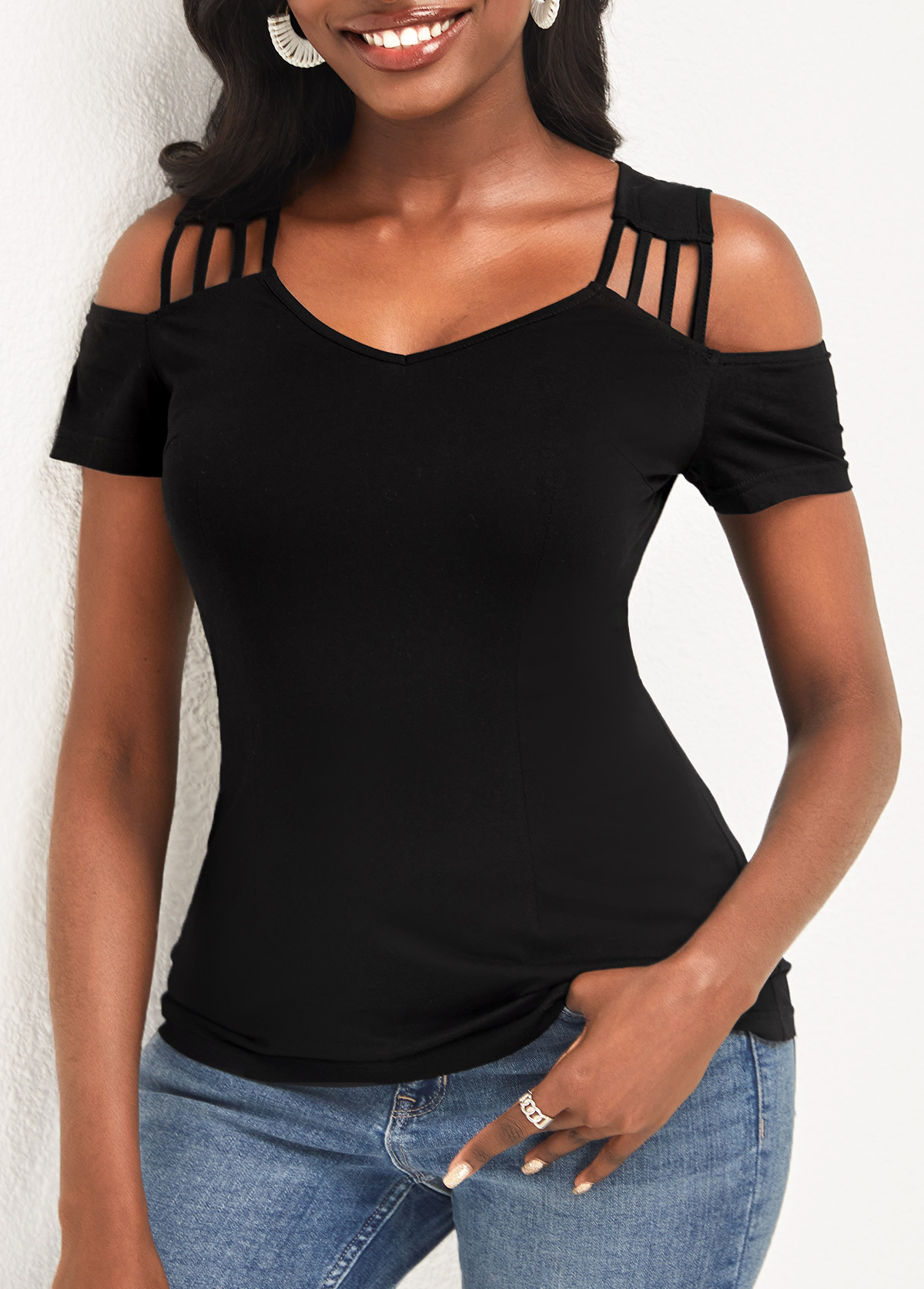 Black tops,Plain Color tops,ROTITA Cold Shoulder Black Short Sleeve T Shirt