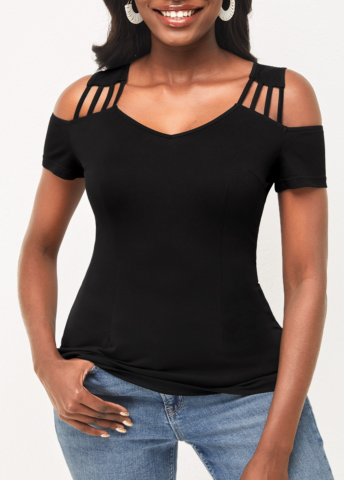 Black tops,Plain Color tops,ROTITA Cold Shoulder Black Short Sleeve T Shirt