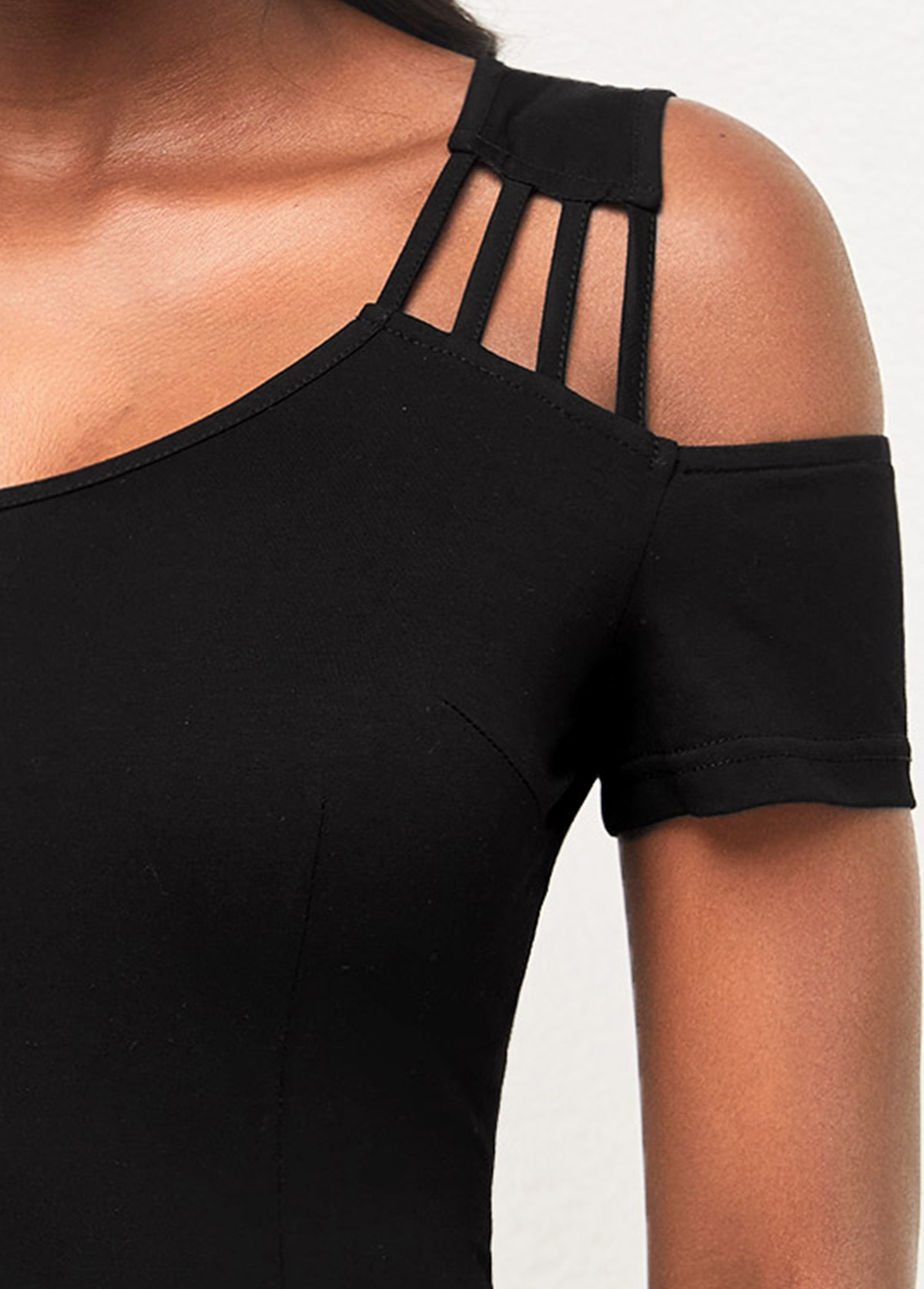 Black tops,Plain Color tops,ROTITA Cold Shoulder Black Short Sleeve T Shirt