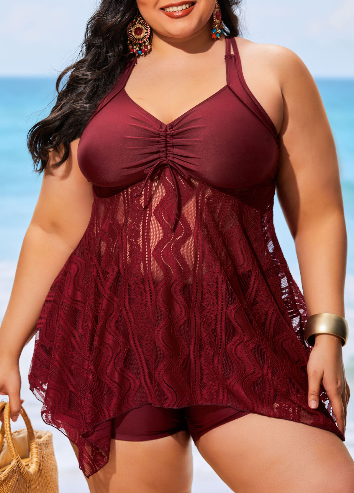 ROTITA Plus Size Wine Red Lace Swimdress Top-No Bottom